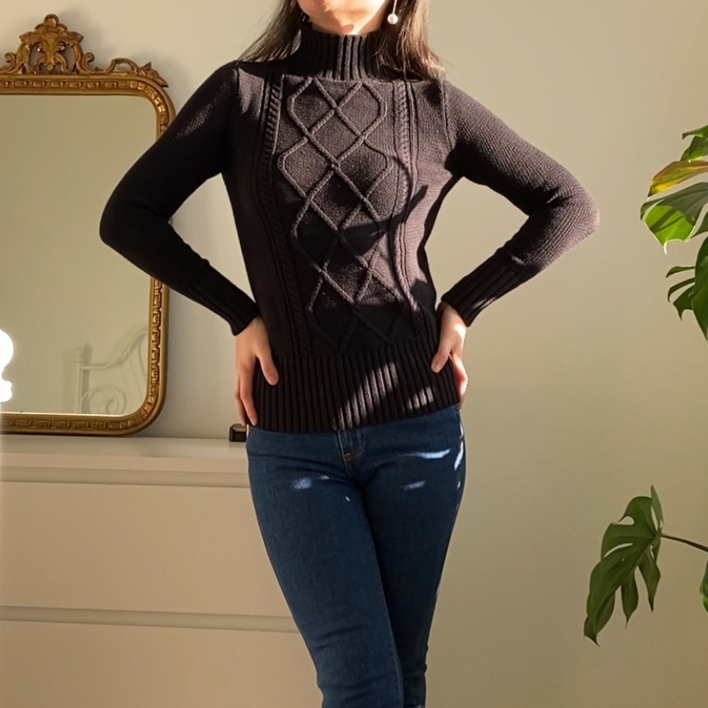 J.Crew Black Mockneck center cable-knit sweater size XXS